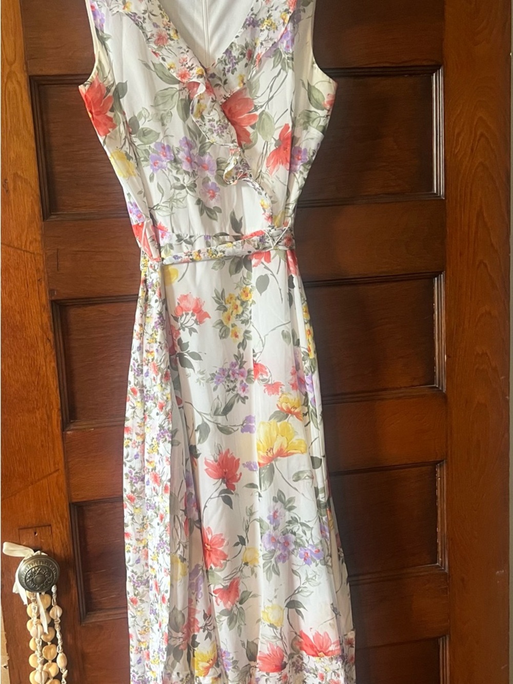 Floral Sleeveless Midi Wrap Dress in Ivory with Multicolor Blooms